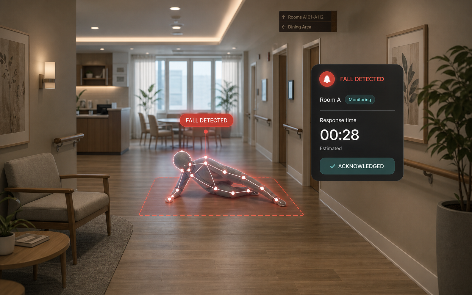 Fall detection and alert system for a care facility operator interface preview